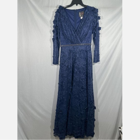 NEW $798‎ Mac Duggal [ 8 ] Floral Applique Long Sleeve Wrap Gown Blue - Picture 3 of 16